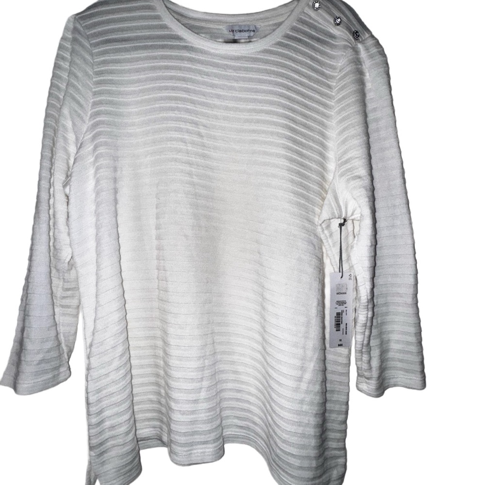 Liz Claiborne Womens Cream Long Sleeve Sweater Striped Button Embellished (1X)